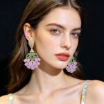 Earrings Copper & Zircon Stud Earrings — Green Leaf, Pink Teardrop Petal, and Fan-Shaped Flower Design