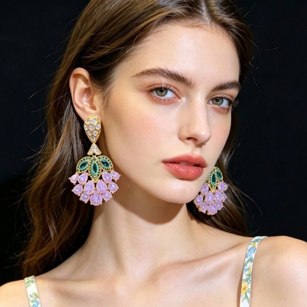 Earrings Copper & Zircon Stud Earrings — Green Leaf, Pink Teardrop Petal, and Fan-Shaped Flower Design