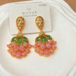 Earrings Copper & Zircon Stud Earrings — Green Leaf, Pink Teardrop Petal, and Fan-Shaped Flower Design