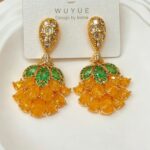 Earrings Copper & Zircon Stud Earrings — Green Leaf, Pink Teardrop Petal, and Fan-Shaped Flower Design