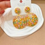 Earrings "Sunset Gold Shards" — French Retro Colorful Gemstone Disc Earrings | 925 Silver Posts, Light Luxury, Intricate Craftsmanship