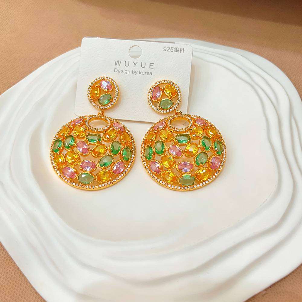 Earrings "Sunset Gold Shards" — French Retro Colorful Gemstone Disc Earrings | 925 Silver Posts, Light Luxury, Intricate Craftsmanship