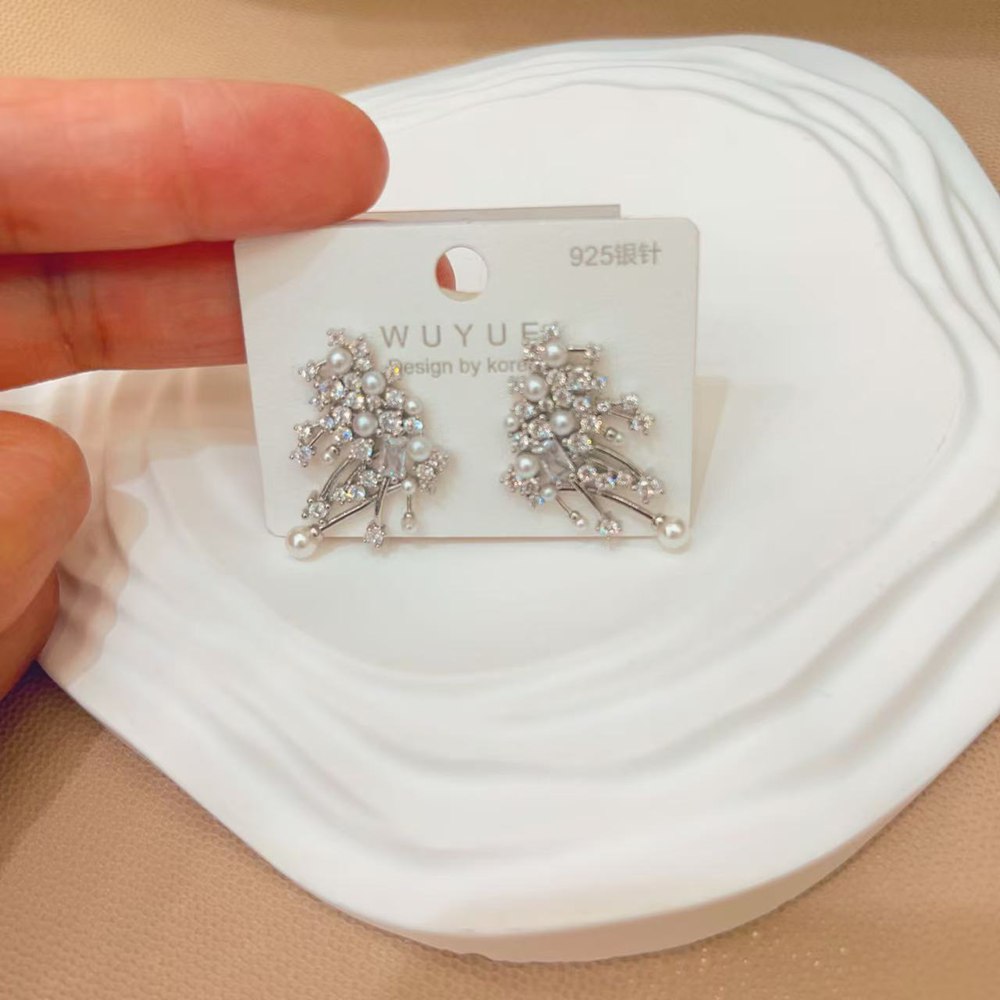 Earrings "Starry Branches & Snowy Sparkle" — Full-Pavé Pearl & Firework Stud Earrings | 925 Silver Posts | Light Luxury, Niche Design