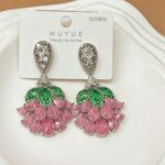 Earrings Copper & Zircon Stud Earrings — Green Leaf, Pink Teardrop Petal, and Fan-Shaped Flower Design