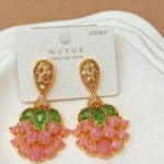 Earrings Copper & Zircon Stud Earrings — Green Leaf, Pink Teardrop Petal, and Fan-Shaped Flower Design