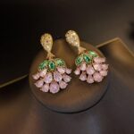 Earrings Copper & Zircon Stud Earrings — Green Leaf, Pink Teardrop Petal, and Fan-Shaped Flower Design